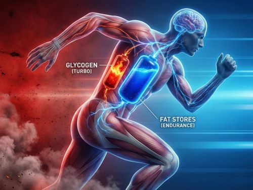 Questa immagine è stata concepita per il "Thumb-stopping power". Utilizza un forte contrasto cromatico (rosso vs blu) e una metafora visiva immediata per comunicare il concetto centrale dell'articolo: il corpo come una macchina a doppia alimentazione, con un serbatoio di grassi (blu) vasto e potente, e uno di zuccheri (rosso) più piccolo ma esplosivo.