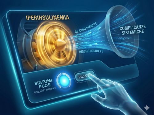 Un dashboard bio-interface futuristico visto in prospettiva (come image_38.png). Un indicatore centrale "glowing blue" labeled "SINTOMI PCOS" (Acne, Ciclo Irregolare) è illuminato. Una mano olografica preme un pulsante "PILLOLA," spegnendo la luce. Tuttavia, sullo sfondo, visibile attraverso le meccaniche interne del dashboard, un'enorme turbina dorata labeled "IPERINSULINEMIA" continua ad accelerare caoticamente, proiettando flussi di dati blu (il segnale) labeled "RISCHIO DIABETE / CV" verso un imbuto labeled "COMPLICANZE SISTEMICHE."