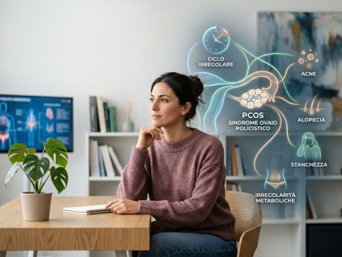 Donna riflessiva con grafica informativa